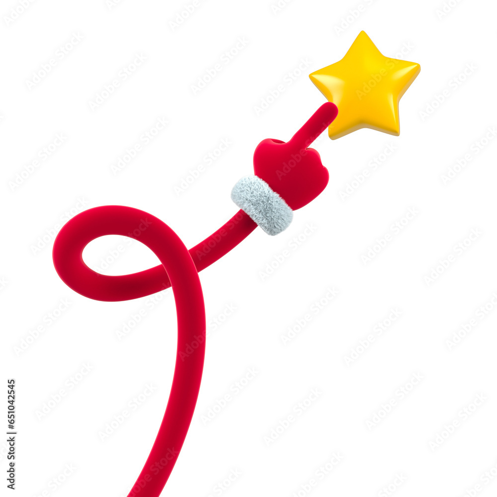 Santa twisted hand tapping star. Christmas and New Year Day event concept. 3d rendering Santa twisted hand tapping star. Christmas and New Year Day event concept. 3d rendering