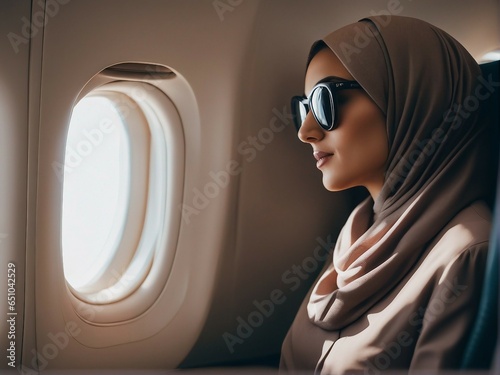 Beautiful Arab young woman in hijab and sunglasses flying in an airplane
