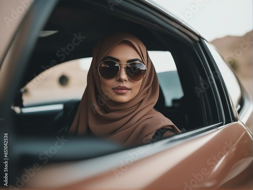Beautiful Arab young woman in hijab and sunglasses driving a car