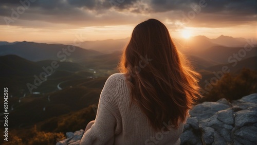 A beautiful girl with long hair watches the dawn on the top of a mountain © Victoria