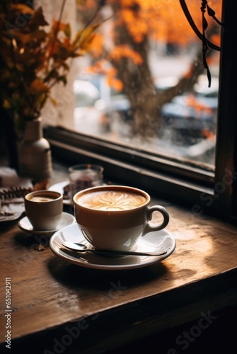 A cup of coffee, cappuccino on a table in a café. candle, cozy