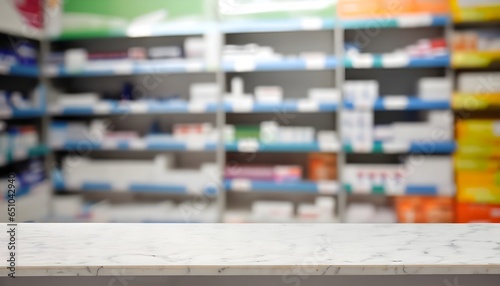 Pharmacy marble table counter with medicines healthcare product arranged on shelves in drugstore blurred defocused background