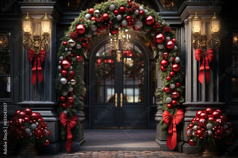 festive holiday wreath ornaments, hanging front door to welcome,Generated with AI