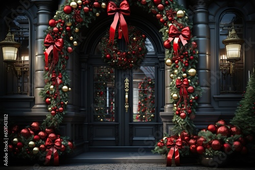 festive holiday wreath ornaments, hanging front door to welcome,Generated with AI © Chanwit