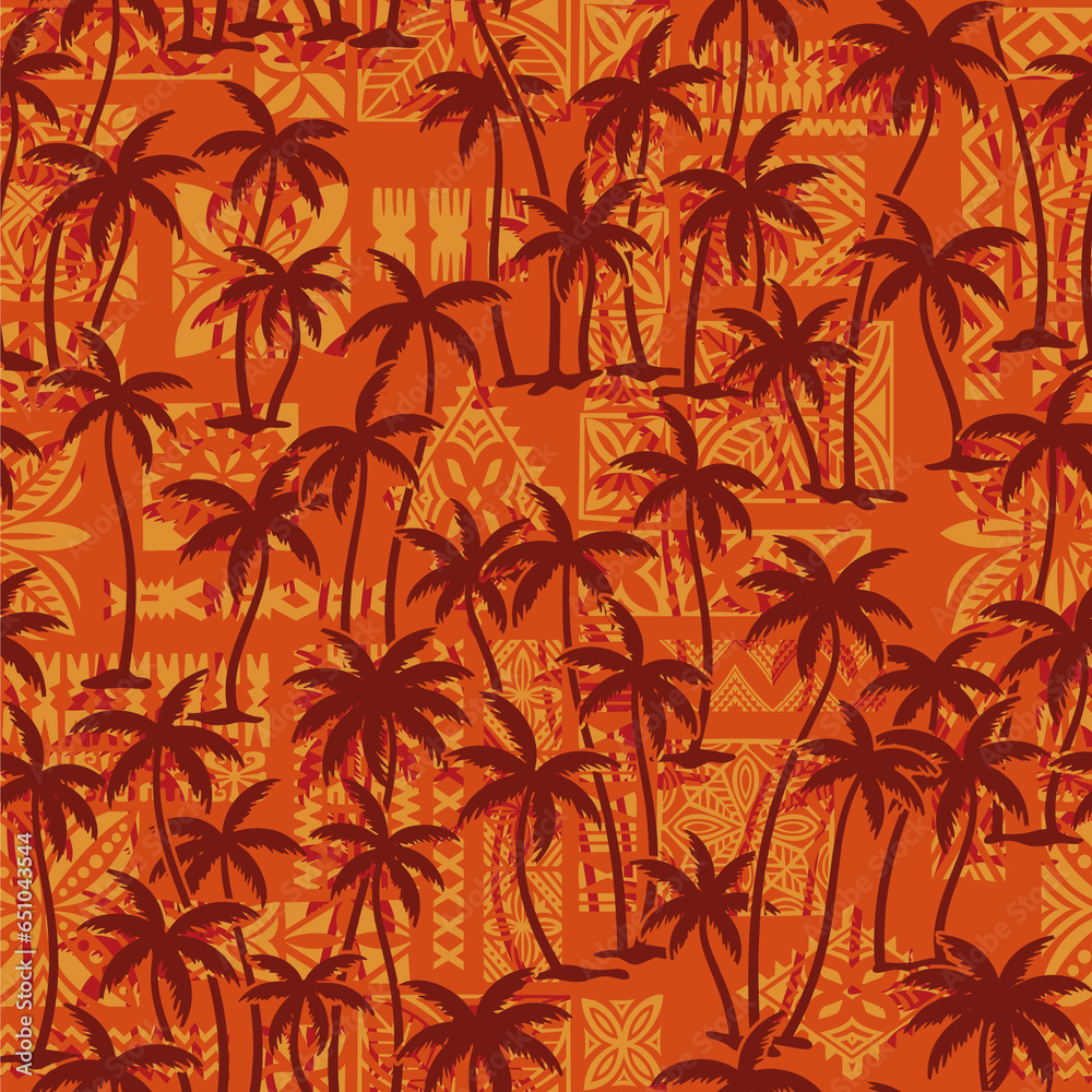 Tropical palm trees with hawaiian tapa cloth background vintage vector seamless pattern Tropical palm trees with hawaiian tapa cloth background vintage vector seamless pattern