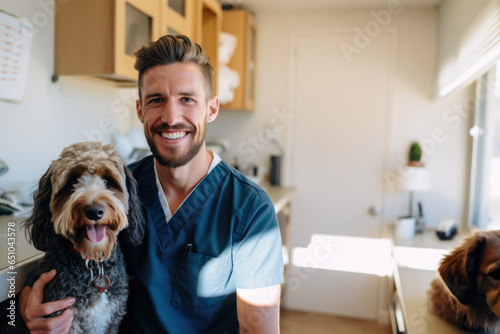 Portrait of a veterinarian whth a dog in his cabinet  photo