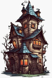 Horror house cartoon. Halloween illustration. Generative AI.