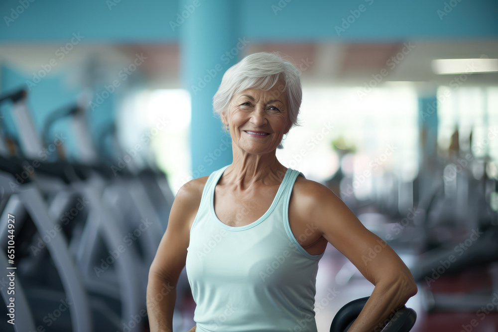 Portrait of happy senior woman in gym