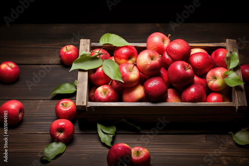 fresh red apples with leaves in a wooden box.