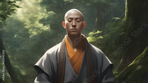 A peaceful scene of a monk in traditional Japanese clothing meditating in a forest