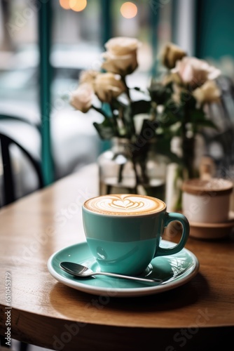 A cup of coffee, cappuccino on a table in a café. candle, cozy