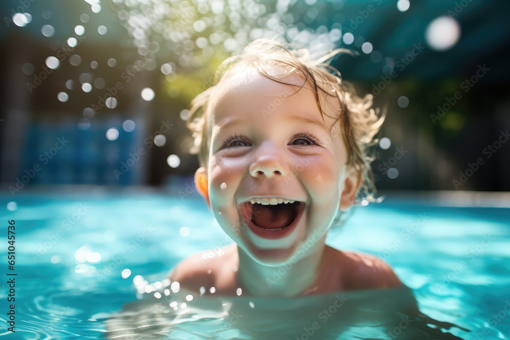toddler in the swimming pool laughing