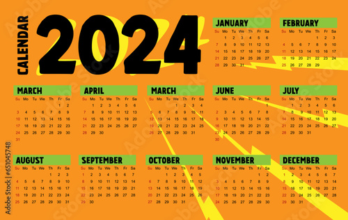 Calendar 2024 week start Sunday fun and modern design planner template. hype style