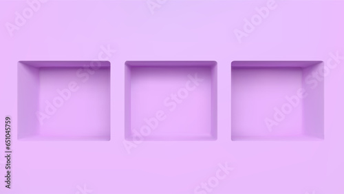 3d pink empty wall niche shelf frame. Museum or gallery display showcase hole. Three recess exhibition window candy color for store exposition place. Advertising abstract render interior scene.
