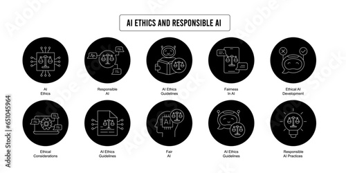 Explore the ethical aspects of AI and responsible AI development with this subset. Icons include AI ethics guidelines, responsible AI practices, and fairness in AI.