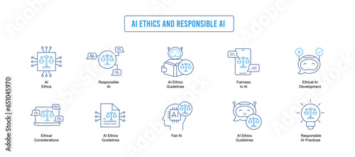 Explore the ethical aspects of AI and responsible AI development with this subset. Icons include AI ethics guidelines, responsible AI practices, and fairness in AI.