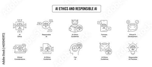 Explore the ethical aspects of AI and responsible AI development with this subset. Icons include AI ethics guidelines, responsible AI practices, and fairness in AI.
