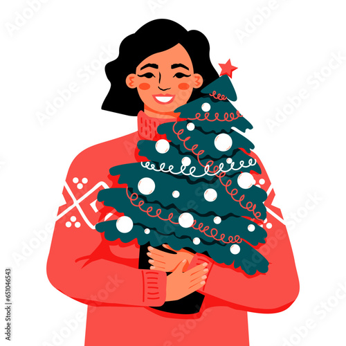 Woman with  Christmas tree. Vector illustration. Perfect for a postcard or poster for winter holidays
