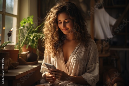Joyful woman relaxing on her bed at home, smiling as she uses her smartphone, Generated with AI