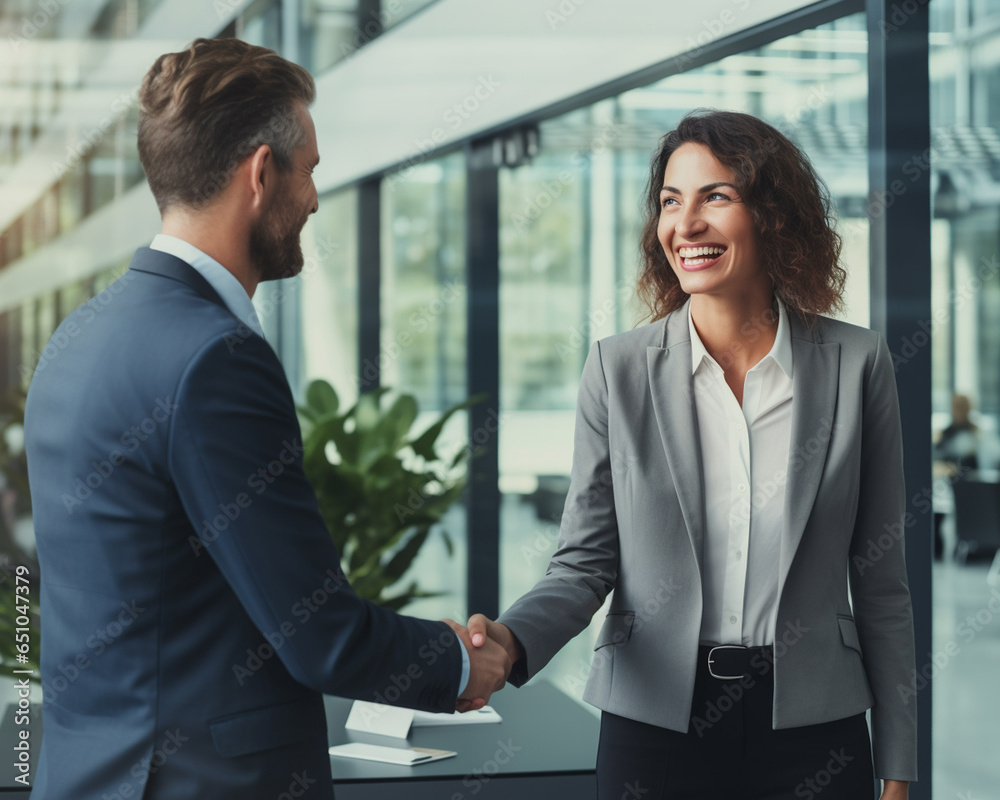 Two people shaking hands after successful contract in office, Happy and smile on face Two people shaking hands after successful contract in office, Happy and smile on face