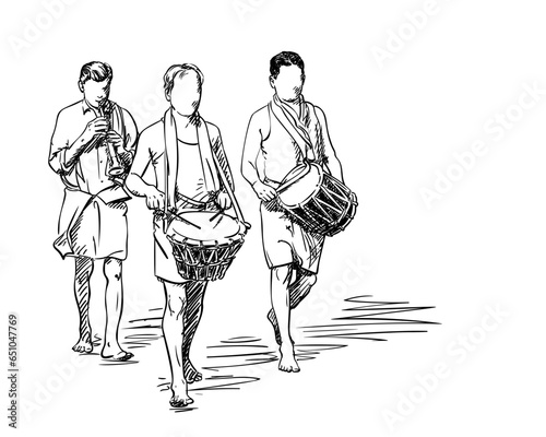 Group of musicians playing drums and flute, Drawing of faceless Indian three person street orchestra walking barefoot, Vector simple sketch, Hand drawn illustration isolated