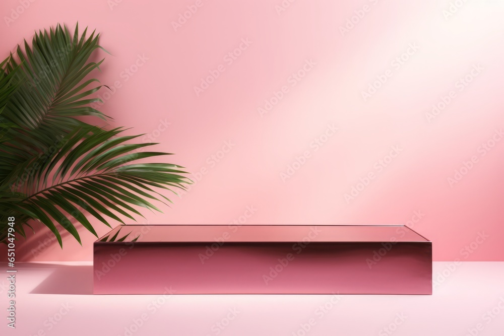Beauty product photo background: smooth rectangular pink podium in hard sunlight with palm tree leaf on pink background, negative space Beauty product photo background: smooth rectangular pink podium in hard sunlight with palm tree leaf on pink background, negative space