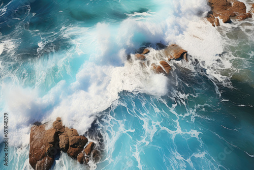 Beach Sand Sea Shore with Blue wave and white foamy summer background Aerial beach top view overhead seaside