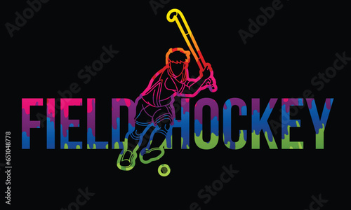 Field Hockey Font Design with Male Player Action Cartoon Graphic Vector