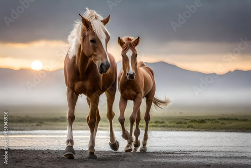 Two horses, mountains, and dark clouds at dusk