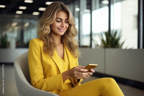 Portrait of Happy Asian Woman Holds Smartphone in Modern Office, Smiling Female Shopping Online, Bueatiful Manager Working Financial Reports with Mobile Application © CYBERUSS