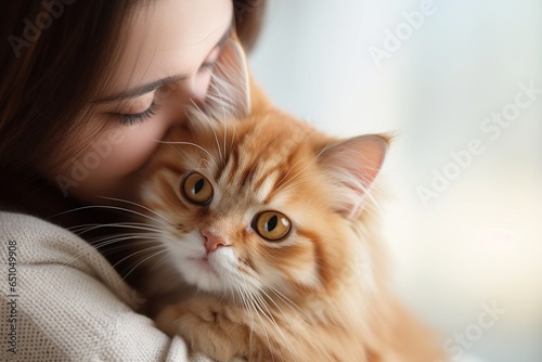 Beautiful young woman with cute cat on light background