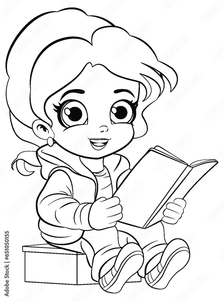 Cute Girl Reading Book Outline for Colouring Cute Girl Reading Book Outline for Colouring