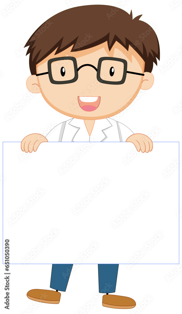 Cute Male Scientist Cartoon Character with Blank Banner Cute Male Scientist Cartoon Character with Blank Banner