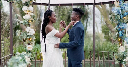 Wedding, first dance and black couple in garden with love, celebration and excited for future together. Gazebo, man and woman at marriage reception with flowers, music and happiness at outdoor party.