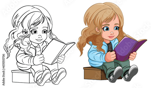 Girl reading book cartoon
