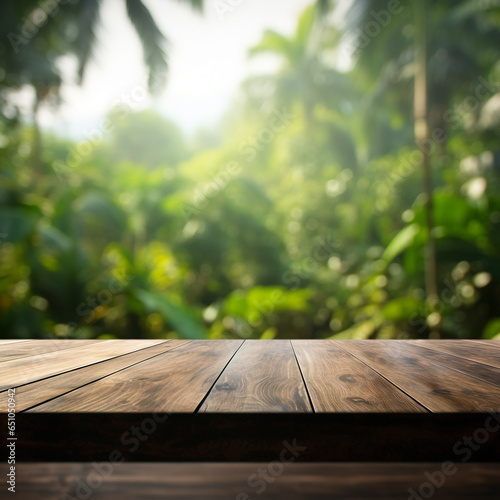 Wooden table top on blur background of amazon rainforest