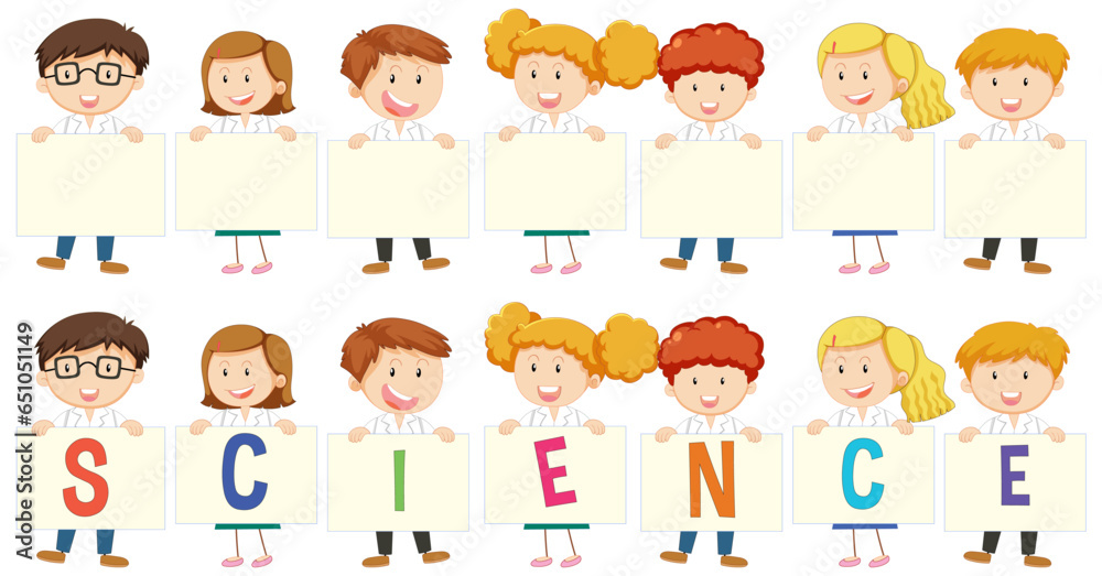 Science Logo Banner with Cartoon Scientists in Gowns Science Logo Banner with Cartoon Scientists in Gowns