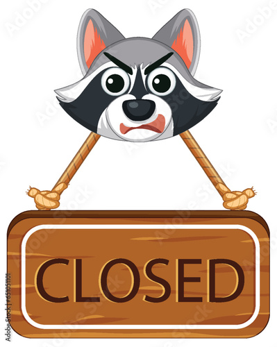 Closed Sign Banner with Raccoon Face Illustration