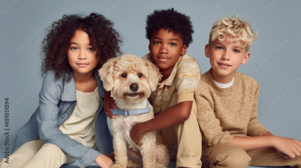 Candid studio shot of kids playing with their dog.
