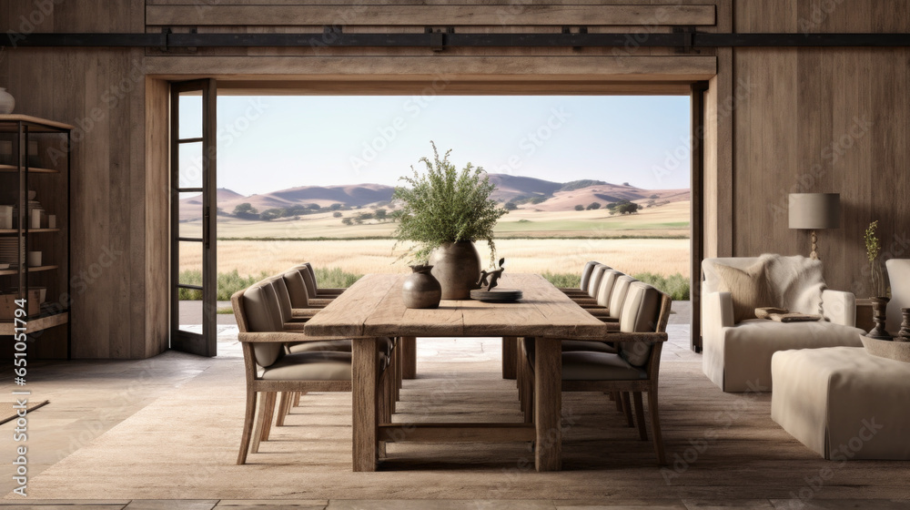  Farmhouse Chic: A blend of rustic and modern design with a farmhouse dining table, leather chairs, and a barnwood coffee table. A sliding barn door separates the space