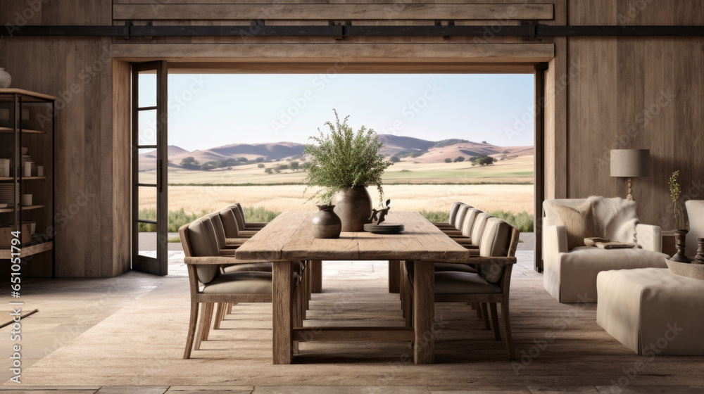 Fototapeta premium Farmhouse Chic: A blend of rustic and modern design with a farmhouse dining table, leather chairs, and a barnwood coffee table. A sliding barn door separates the space