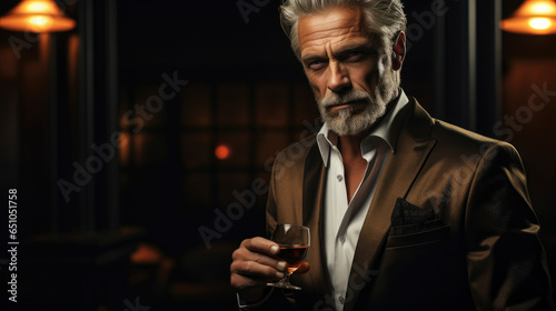 Portrait of confident respectable handsome brutal masculine sharp-dressed mature man drinking beverage