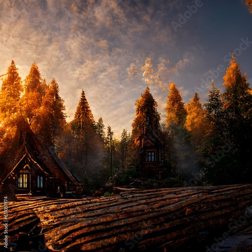 beautiful detailed log house in front of beautiful fir autumn forest detailed log house with Nordic wood carved patterns on it morning ethereal sky cinematic lighting perfect shading unreal engine 