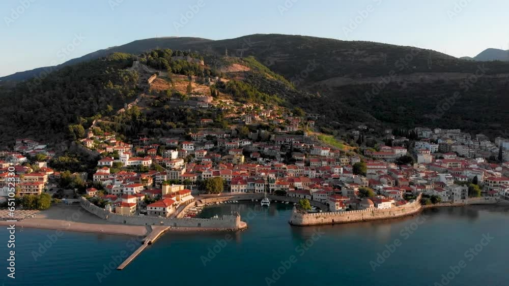 Aerial Panorama View of Nafpaktos Old City Port Greece and Venetian Castle on The Mountain, Point of Interest Drone Shot