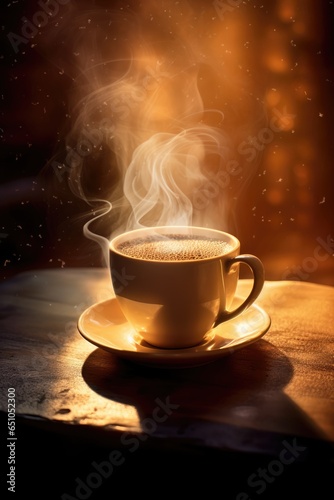 Cozy bright photo. A cup of coffee by the window