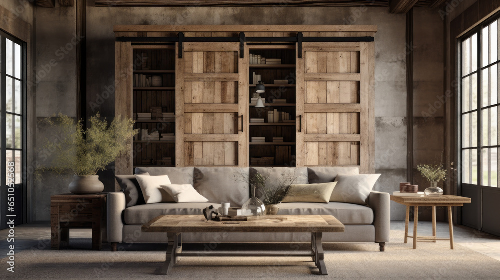 Farmhouse Industrial Fusion: A blend of rustic farmhouse and industrial elements with distressed wood, metal accents, and a leather sofa. A sliding barn door adds character Farmhouse Industrial Fusion: A blend of rustic farmhouse and industrial elements with distressed wood, metal accents, and a leather sofa. A sliding barn door adds character