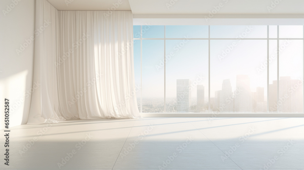 Floor-to-Ceiling Windows: On one side of the room, there are expansive floor-to-ceiling windows, allowing ample natural light to flood the space. White sheer curtains billow softly in the breeze - obrazy, fototapety, plakaty 