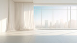 Floor-to-Ceiling Windows: On one side of the room, there are expansive floor-to-ceiling windows, allowing ample natural light to flood the space. White sheer curtains billow softly in the breeze