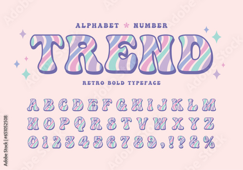 Vaporwave vintage 80s, 90s bold alphabet font and number. Nostalgic typographic. Groovy retro psychedelic typeface for poster, graphic print, design layout, merchandise, etc.