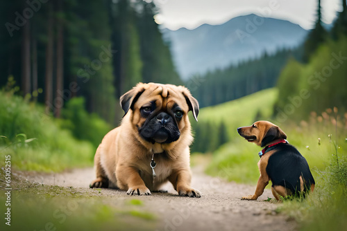 two dogs on a gravel path